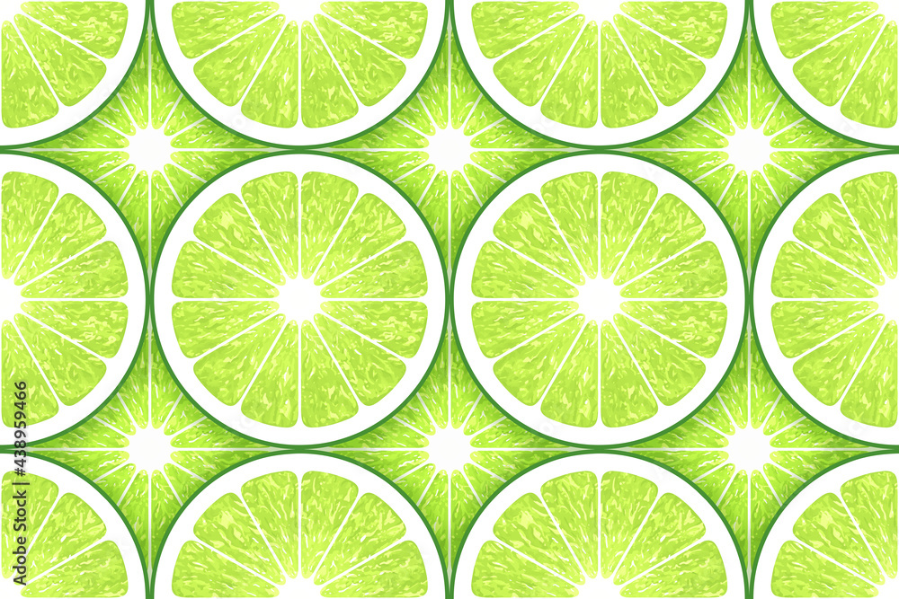 Lime seamless pattern. Fruit ornament. Healthy food. Healthy meal. Green lime slices. Juice. Vitamin. Citrus slices. Freshness. Citrus background. Tropical template for design. Green backdrop.