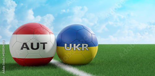 Austria vs. Ukraine Soccer Match - Leather balls in Austria and Ukraine national colors. 3D Rendering 