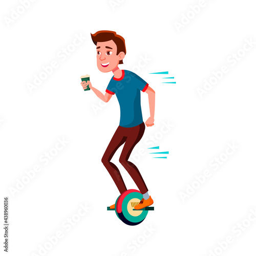 guy ride monowheel and drink coffee cartoon vector. guy ride monowheel and drink coffee character. isolated flat cartoon illustration
