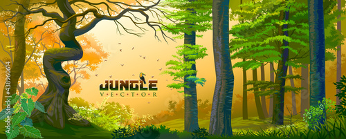 A bird sitting on jungle vector text message in the middle of a jungle.
