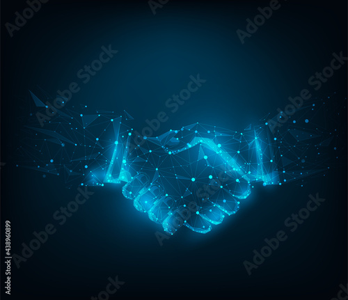 Abstract poly line and point agreement handshake on blue dark blue background. Hands link internet connection. Business success concept. Vector illustration in flat design.