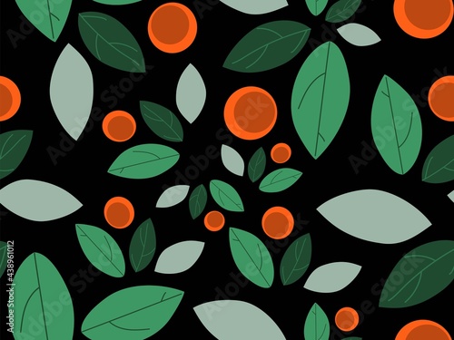 Leaves and  circle shapes Cute natural background. Idea for fashion  textile design Abstract art illustration  for wallpaper web backdrop  Story board. Dark background