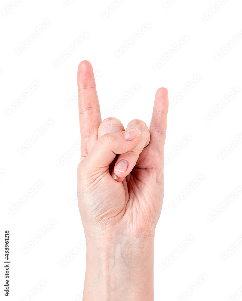 Caucasian woman hand with rock sign of the horns isolated on white background. Heavy metal and punk music concept. Caucasian woman hand with rock sign of the horns isolated on white background. Heavy metal and punk music concept.