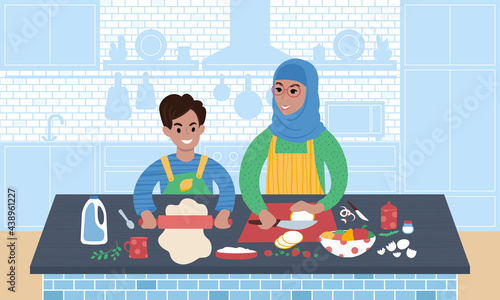 Grandmother wearing hijab and her grandson preparing meal together. Flat style vector illustration.