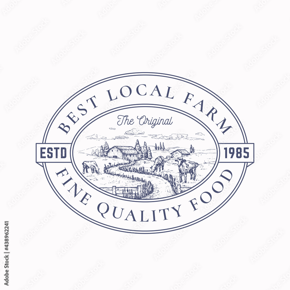 Local Farm Products Retro Frame Badge or Logo Template. Hand Drawn Rural Farm Landscape Sketch with Grazing Cows, Retro Typography and Borders. Vintage Sketch Emblem. Isolated