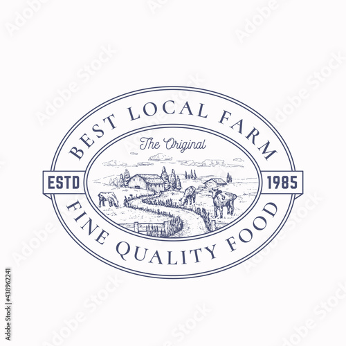 Local Farm Products Retro Frame Badge or Logo Template. Hand Drawn Rural Farm Landscape Sketch with Grazing Cows, Retro Typography and Borders. Vintage Sketch Emblem. Isolated
