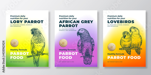 Pet Bird Food Product Label Templates Set. Abstract Vector Packaging Design Layouts. Modern Typography Banners with Hand Drawn Lovebirds, Lory and African Grey Parrot Sketch Backgrounds Collection