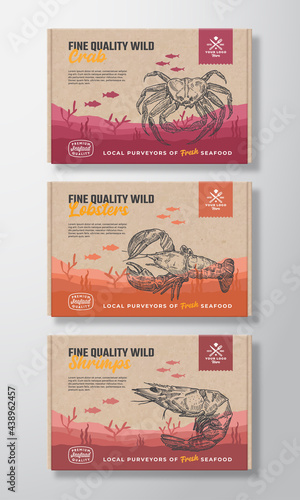 Premium Quality Food Box Mockups. Vector Seafood Packaging Label Design on a Cardboard Containers Set. Hand Drawn Crab, Shrimp and Lobster Sketch Sea Bottom Landscape Background Layouts Collection