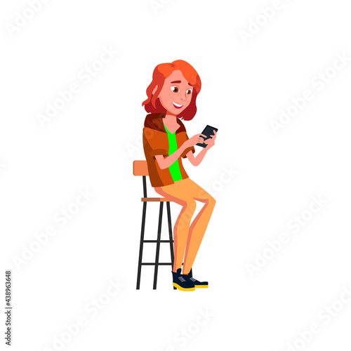 happy girl chatting with friend on smartphone cartoon vector. happy girl chatting with friend on smartphone character. isolated flat cartoon illustration
