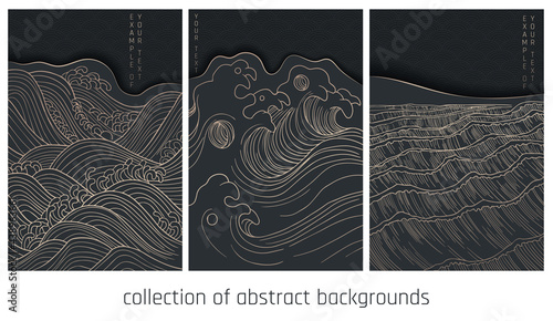 collection of black and gold abstract illustration with stylized waves in japanese style