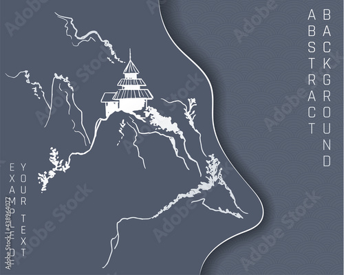 simple stylized landscape in japanese style in blue and silver colours