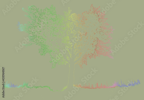 Baum, Silhouette, Gras, Baumstamm, verästelt, Ast, Blätter, Verlauf - grün - rot, Hintergrund olivfarben, popart, kunst