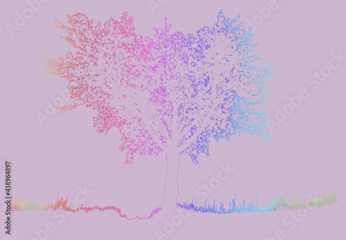 Baum, Silhouette, Gras, Baumstamm, verästelt, Ast, Blätter, Verlauf - pink, - blau, popart, kunst