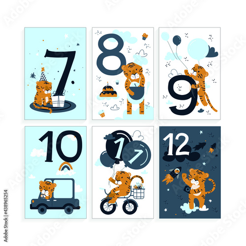 Numbers - seven, eight, nine, ten, eleven, twelve - with small tiger. Cards with month and cartoon animals for nursery