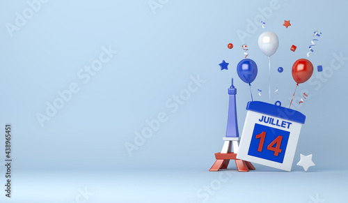 Happy Bastille Day decoration background with balloon 14 calendar date, eiffel tower confetti copy space text, 3D rendering illustration