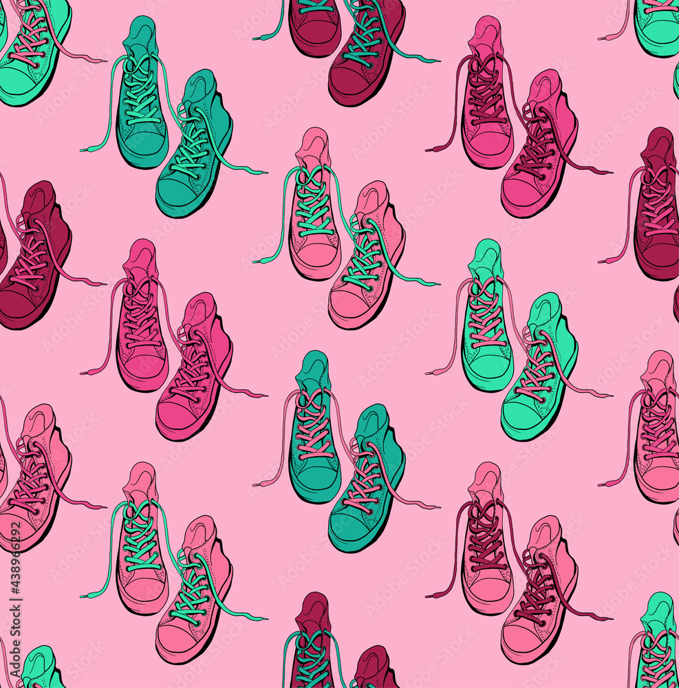 seamless pattern colored pink and green sneakers shoes in comic style seamless pattern colored pink and green sneakers shoes in comic style