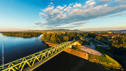 Northern connecting bridge in Obuda district Budapest Hungary.  This is a railway bridge with padaestian walkway for bikers runners and walkers. Amazing morning landscape photo