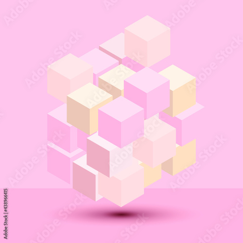 3D cube with smooth pink colors with disassembly effect. Cube in perspective. Modern abstract vector illustration on background.