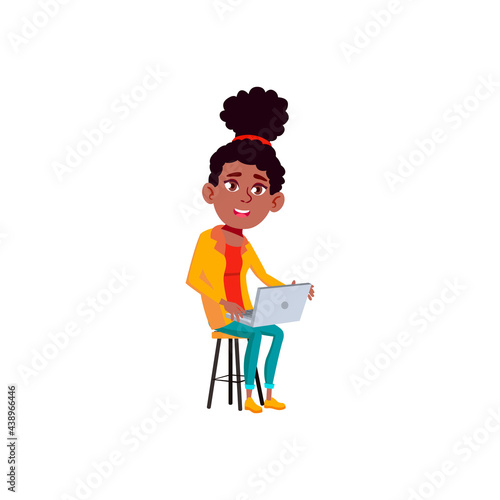 happy african girl teenager check social web site on laptop in room cartoon vector. happy african girl teenager check social web site on laptop in room character. isolated flat cartoon illustration