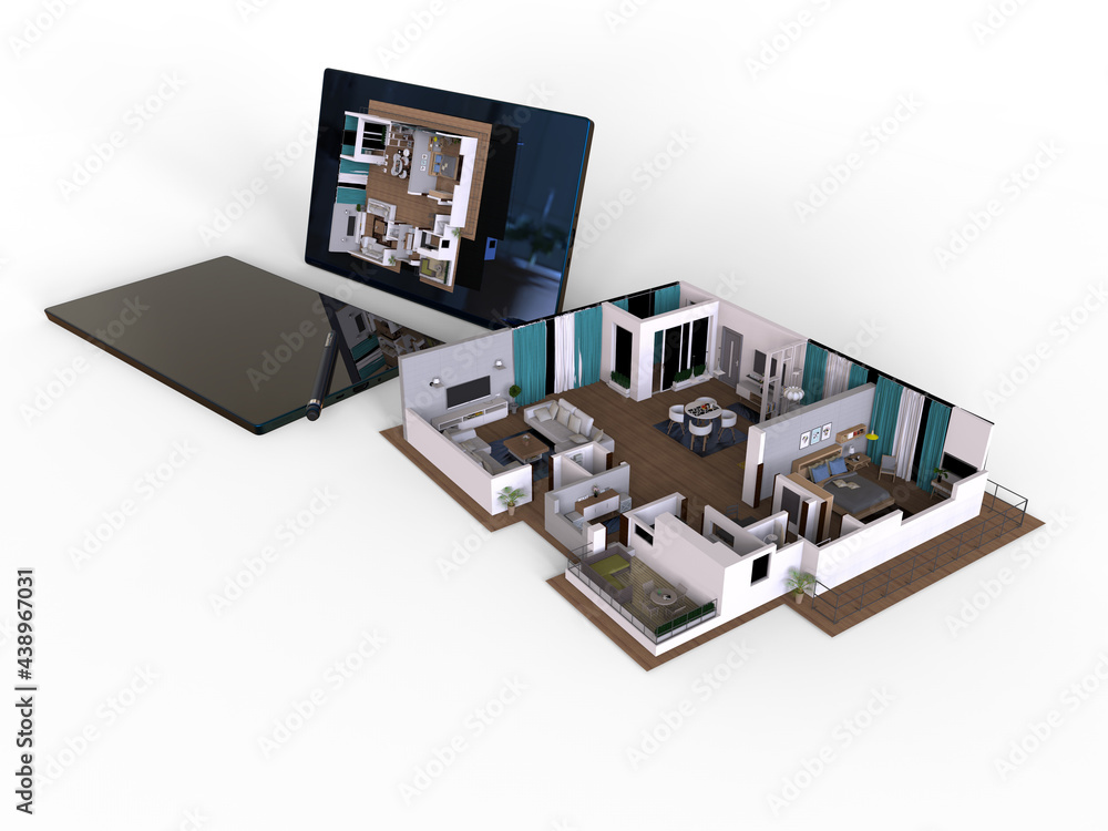 3D rendering - interior layout design on a tablet