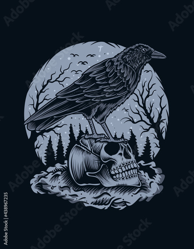 illustration scary crow bird with skull