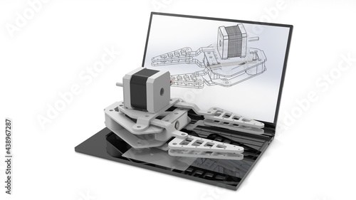 3D rendering - design a robotic gripper on a laptop photo