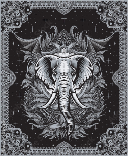 Illustration Elephant head with vintage engraving ornament