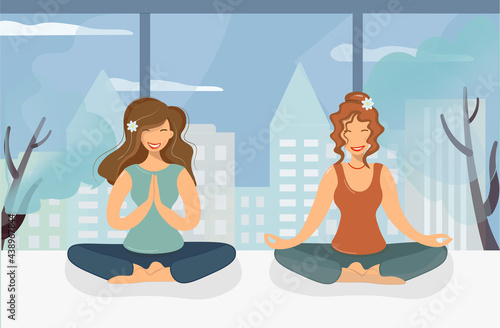 Two cute girls in the lotus position are doing yoga. Wonderful view from the window to the buildings of the modern city. Women are meditating. Yoga practice, energy recovery, healthy lifestyle. Vector