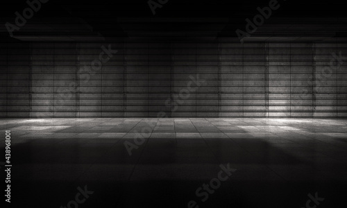 Empty space of parking bricks cement floor with grey color rolling shutter door background in 3D illustration.