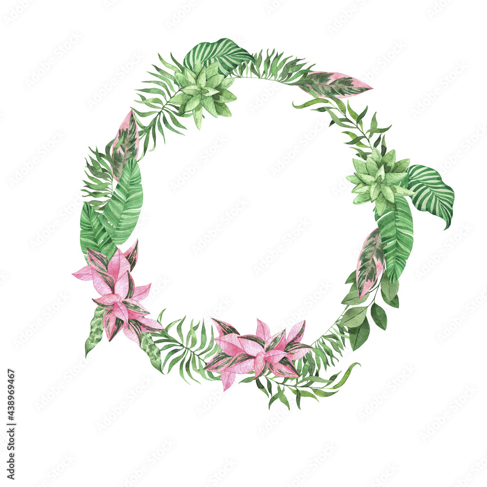 Fototapeta premium Green and pink jungle leaves round frame. Hand drawn watercolor illustration.