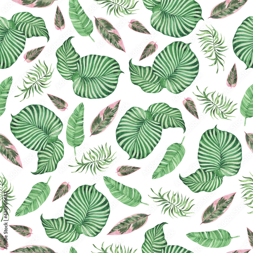 Seamless pattern with wild jungle leaves. Hand drawn watercolor illustration