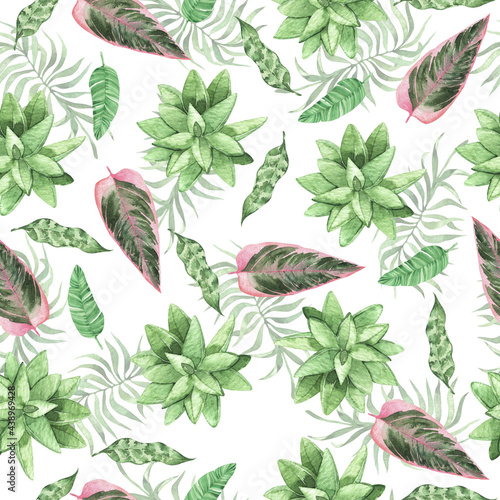 Seamless pattern with wild pink and green tropical leaves and succulents. Hand drawn watercolor illustration.