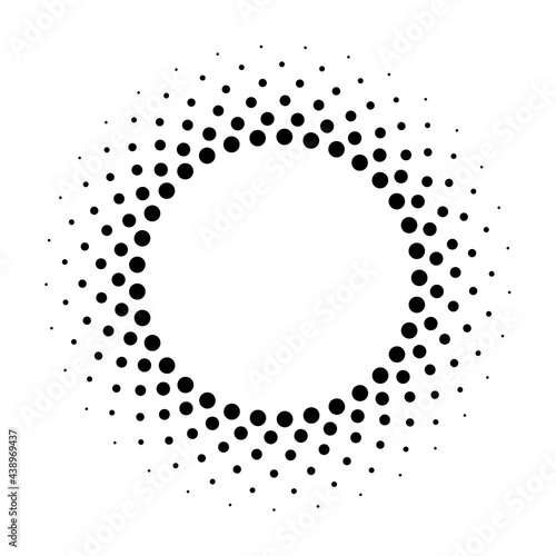 Circle fade dot. Effect halftone dots. Frame focus. Futuristic ring. Border radiant. Modern abstract circle patern. Semitone digital round. Circular radial boarder isolated on white background. Vector