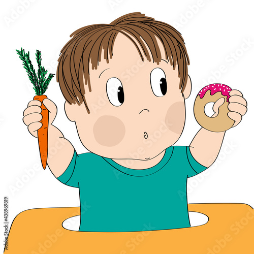 Dubious little baby boy thinking of food, trying to decide what to eat - whether healthy or unhealthy food - original hand drawn cartoon illustration