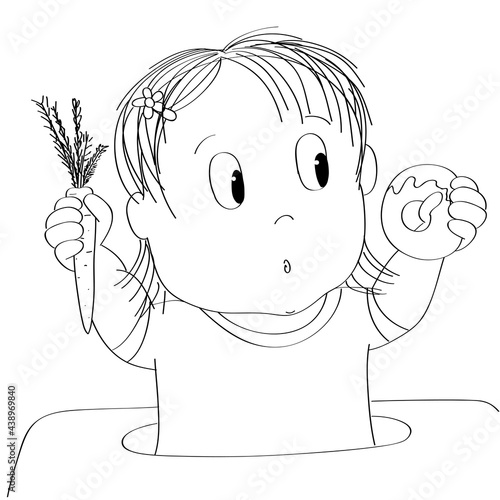 Dubious little baby girl thinking of food, trying to decide what to eat - whether healthy or unhealthy food - original hand drawn cartoon illustration