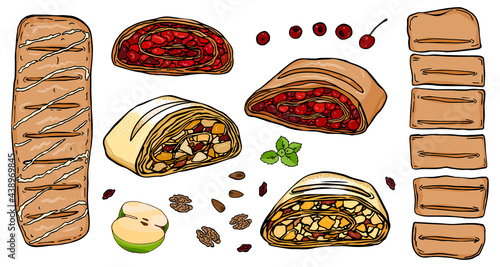 Illustration set slices and whole strudel with apples or cherry.