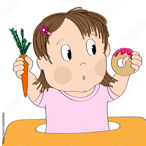 Dubious little baby girl thinking of food, trying to decide what to eat - whether healthy or unhealthy food - original hand drawn cartoon illustration