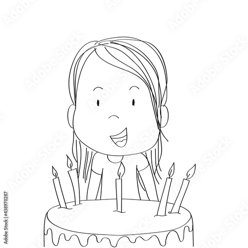 Cute little girl smiling happily, celebrating birthday, b-day chocolate cake with seven candles in front of her - original hand drawn cartoon illustration