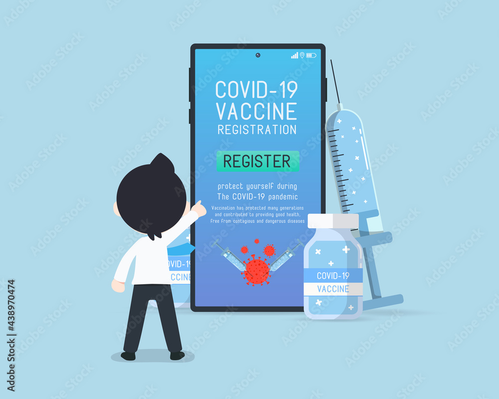 Business man Pointing to Big Mobile Phone about Covid Coronavirus Vaccine Registration Business man Pointing to Big Mobile Phone about Covid Coronavirus Vaccine Registration