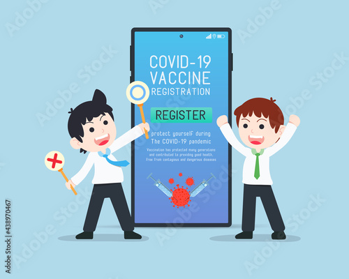 Business man and Colleagues Show Mobile Phone about Covid Coronavirus Vaccine Registration