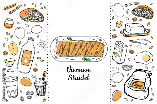 Illustration set of items for making Viennese traditional strudel.