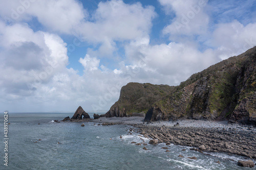 Stunning aerial drone flying landscape image of Blackchurch Rock on Devonian Geological formation photo