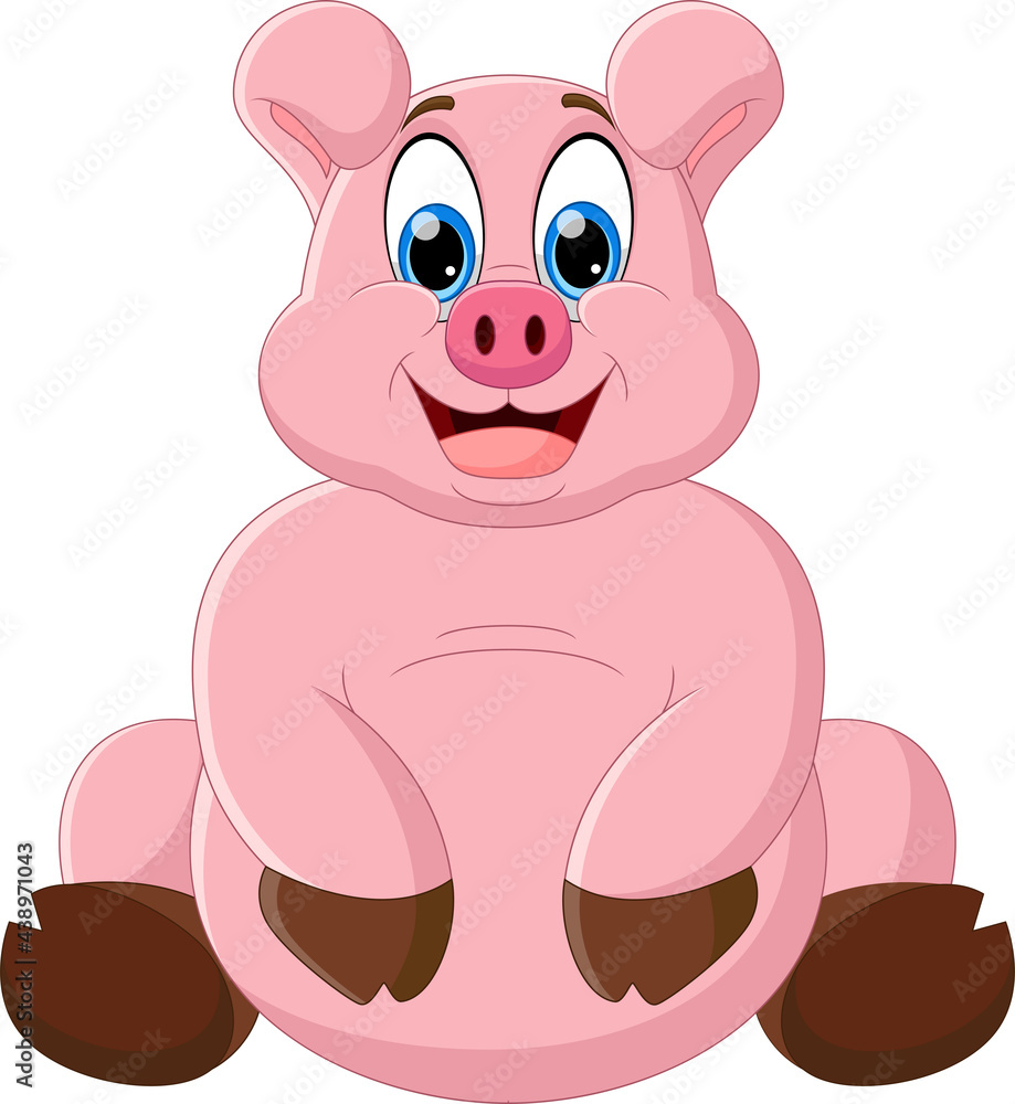 cartoon cute fat pig posing sitting on white background