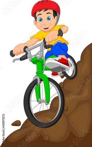 cartoon cute boy mountain biking on white background