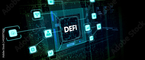 DeFi -Decentralized Finance on dark blue abstract polygonal background. Concept of blockchain, decentralized financial system