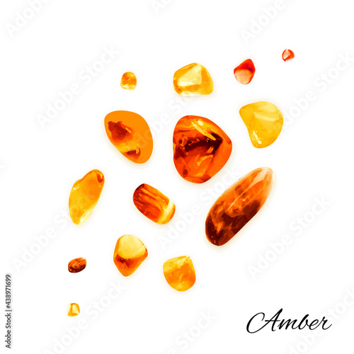 Amber pebbles, fossilized tree resin, polished gemstones