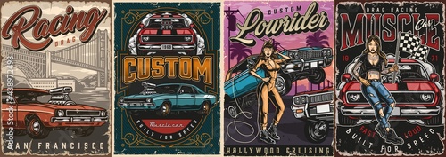 Custom cars vintage colorful posters