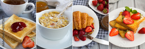 Collage of breakfast. Tea, bread toast, croissant with strawberry and muesli with milk on the gray background . Close-up.
