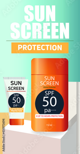 Sunscreen ad template, realistic mockup. Moisture sunscreen ads, 3d illustration