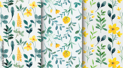 Yellow green wild floral watercolor seamless pattern collection